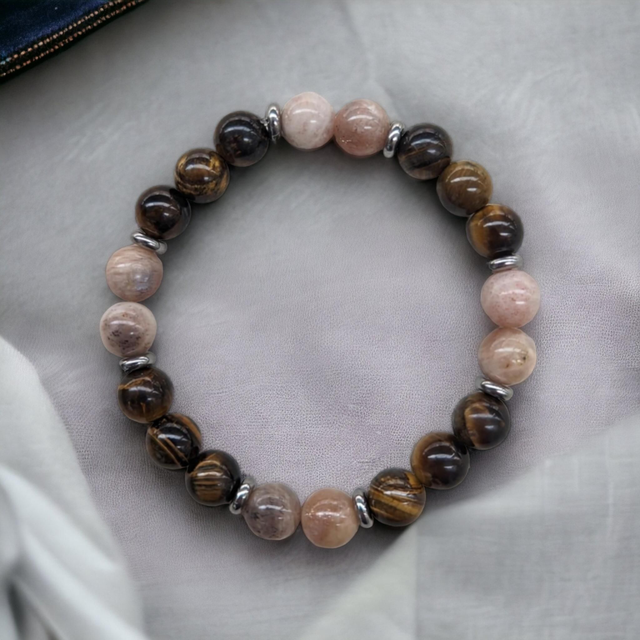 Dépression / Anxiété et Ancrage / Bracelet Œil de Tigre et Pierre de Soleil - 8 mm
