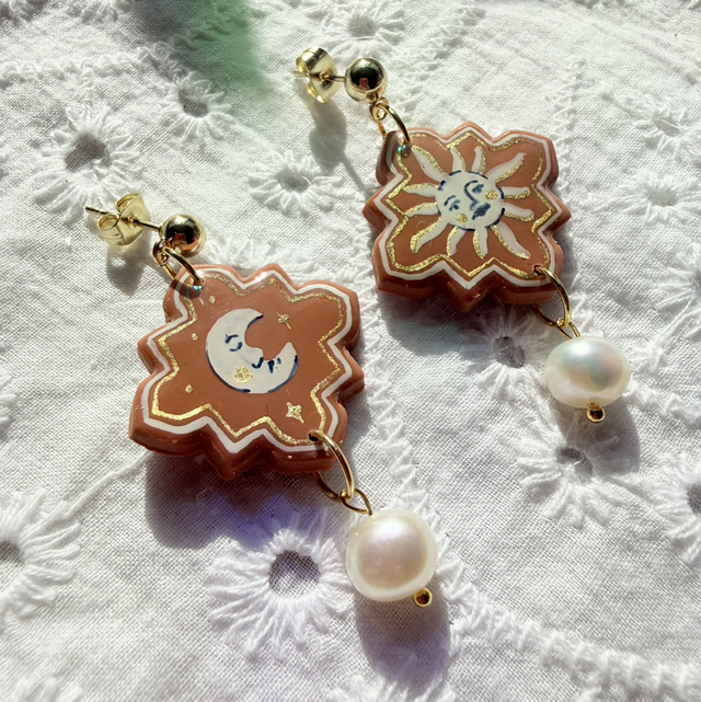 MIRA - Celestial Sun and Moon Earrings with Pearl
