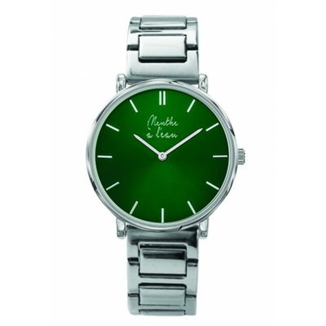 montre Menthe à l&#039;eau mixte fond vert et index des minutes bâton argenté brillant  bracelet acier chromé brillant