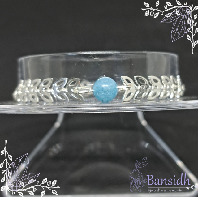 Bracelet chaine feuille et perle de pierre Aigue-Marine