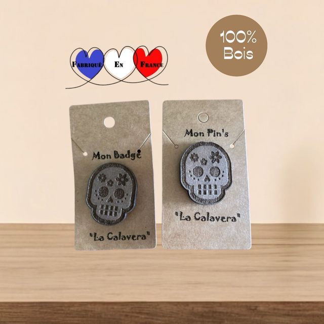 Badge ou pin&#039;s en bois gravé - La calavera