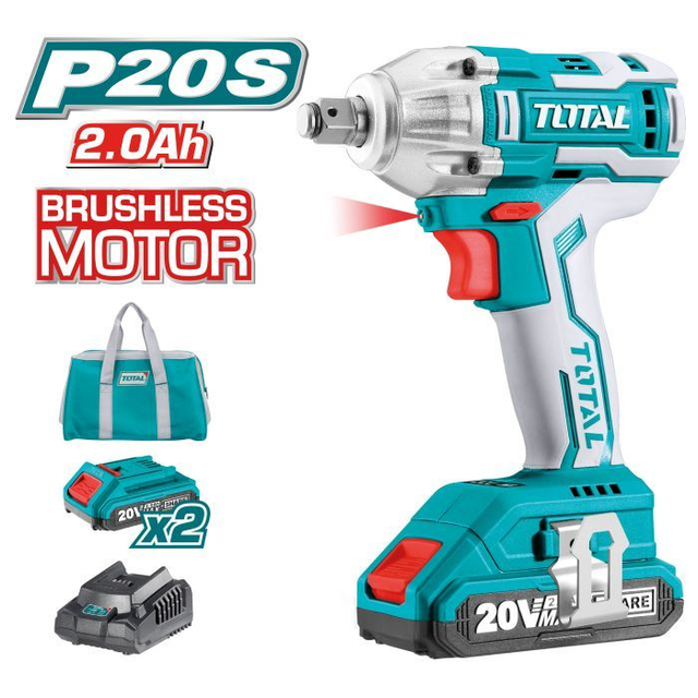 Llave de Impacto 1/2" a bateria sin escobillas  TOTAL  mod. TIWLI2001  (Cargador + 2 baterias 2.0Ah)