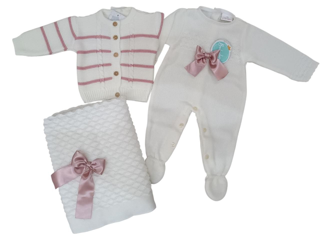 Ensemble combi tricoté noeud rose 1/3m 