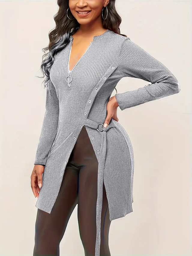 Women's High-Stretch V-Neck Long Sleeve T-Shirt with Cross-Over Detail &amp; Belt