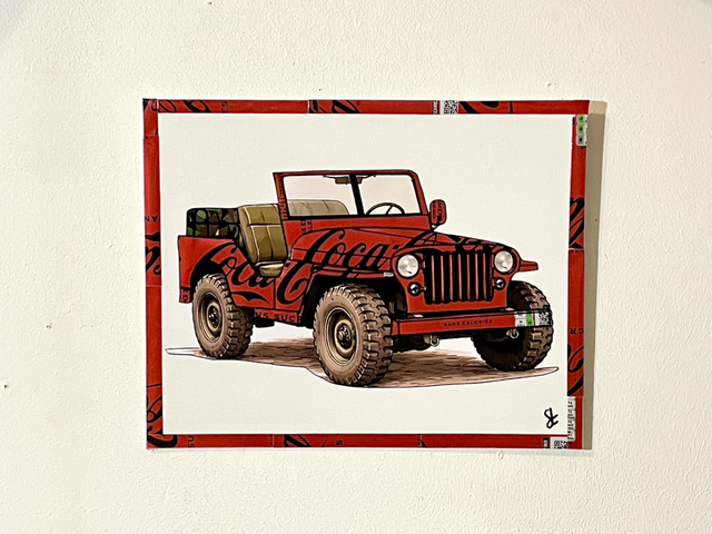 Tableau Jeep vintage réalisé avec des canettes recyclées 