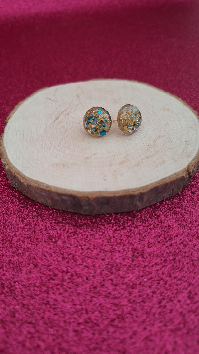 Puces d&#039;oreilles rondes paillettes bleues/feuilles d’or 