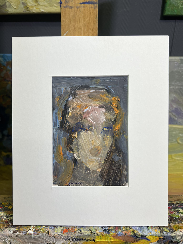 Handbemaltes Porträt „Blick ins Licht“ von Rostyslav Voronko, Fragment 107 aus „Das Land und die Menschen“, Öl auf Karton, 2024
