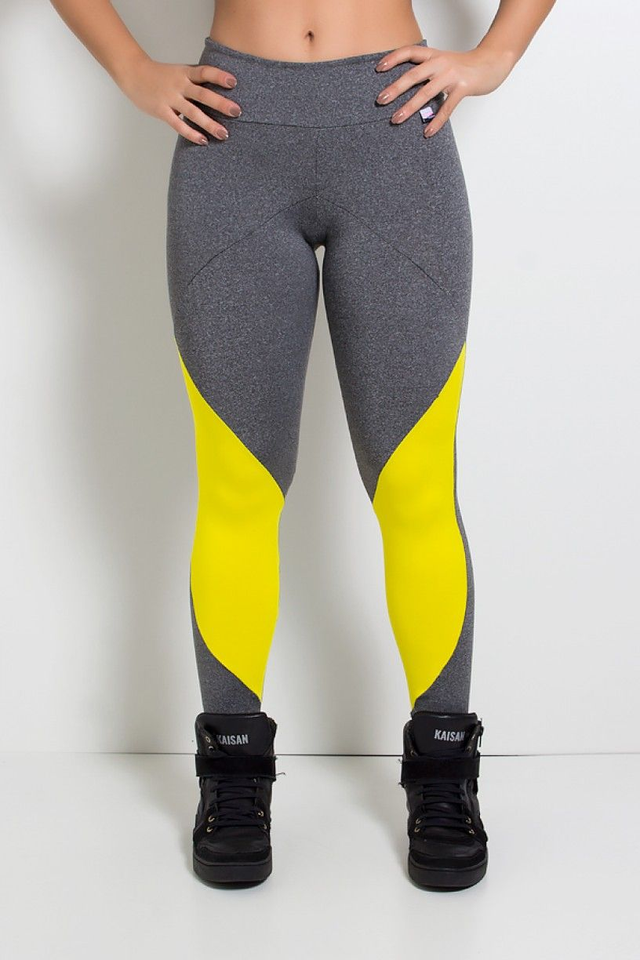 Calça Legging Mescla com Recortes e Detalhe Amarelo Liso | Kaisan