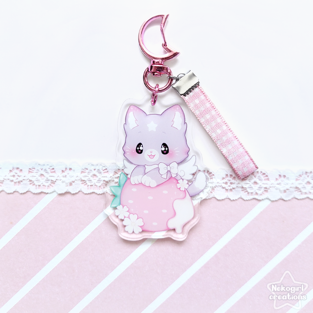 Porte-clé en acrylique - Chat fraise