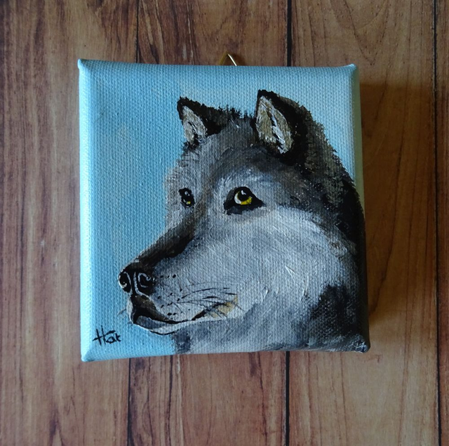 Mini  tableau Loup gris sur fond bleu 