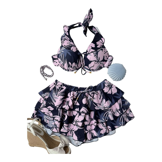 coquette navy blue and pink japanese 4 piece bikini set