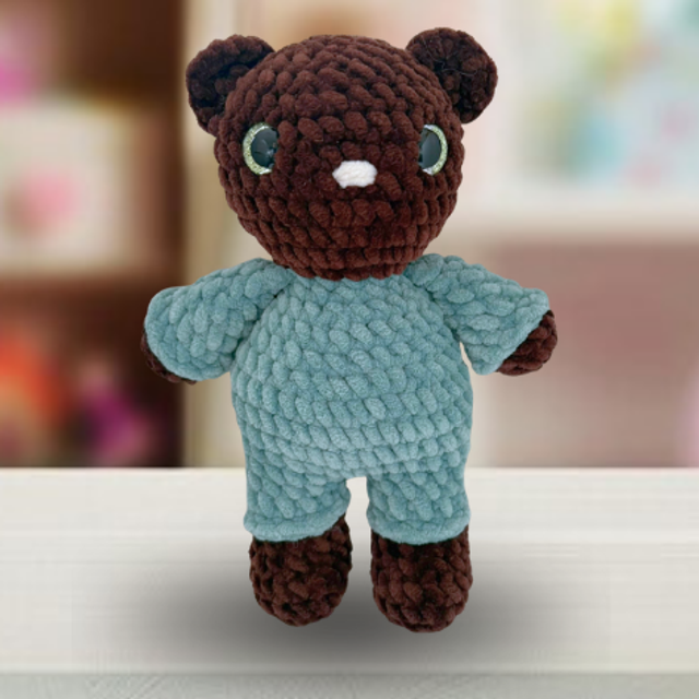 Crochet Chenille Bedtime Bear in green, Glitter Eyes, Ukca tested