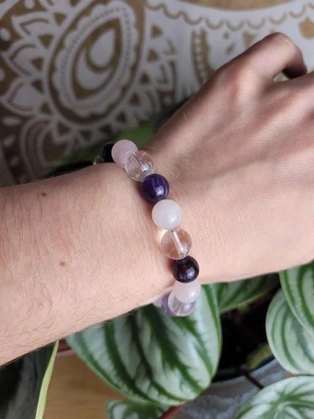 "Trinité" - Bracelet en Cristal de roche, Améthyste et Quartz rose, perles de 10 mm