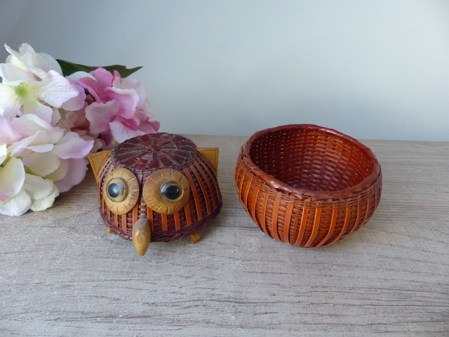 Boîte Chouette en Osier et Rotin – Artisanat Fait Main Vintage 1970 | Déco Chambre & Boîte à Secrets