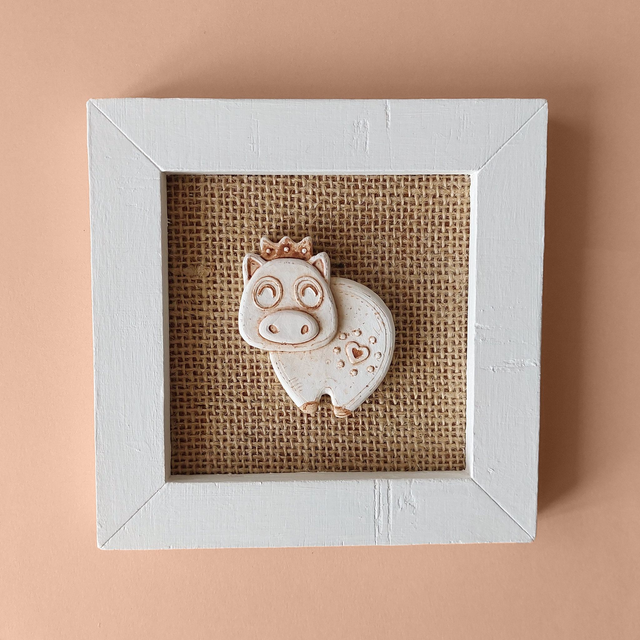 Piglet wall art - framed pig  art - Clay wall art