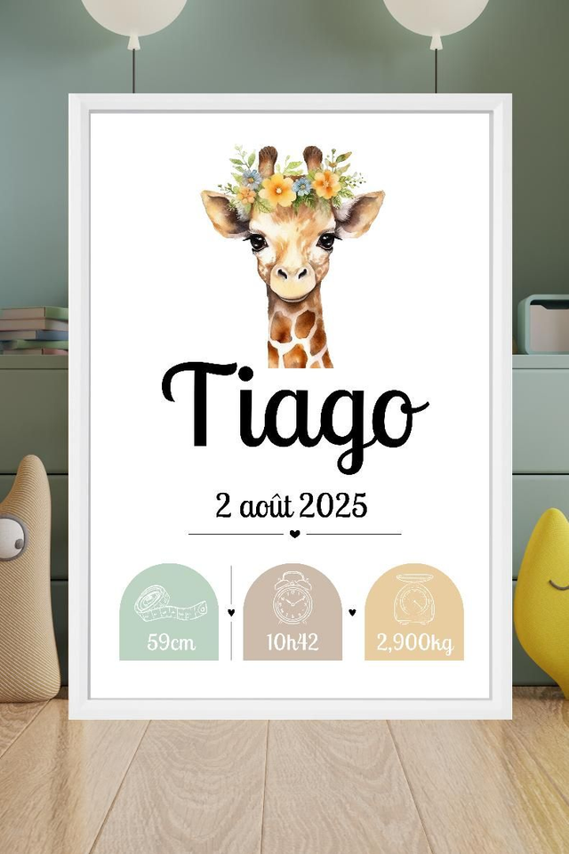 Toile de naissance personnalisée encadrée – Cadeau de naissance unique – Décoration chambre bébé – Souvenir doux et poétique