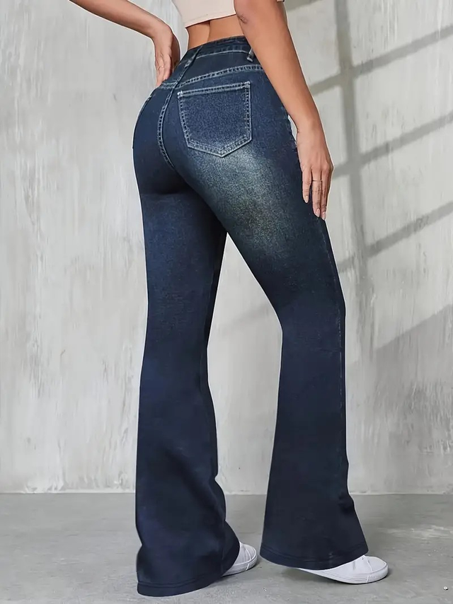 Women's Faux Denim Printed Flared Pants