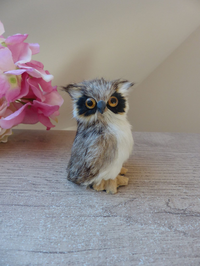 Figurine hibou en fausse fourrure, sculpture hibou en poils, statuette vintage hibou chouette décoration maison chalet campagne