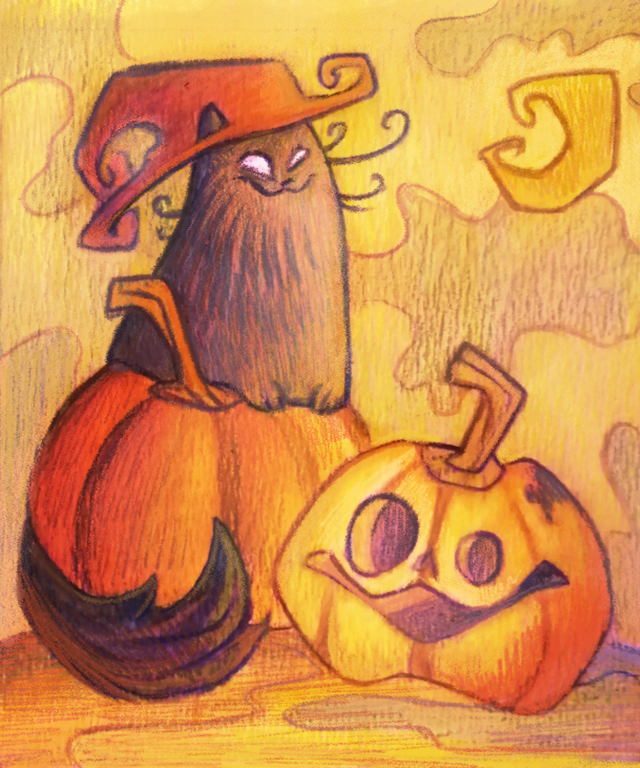 Chat Patate - Halloween - Sorcière et citrouille 