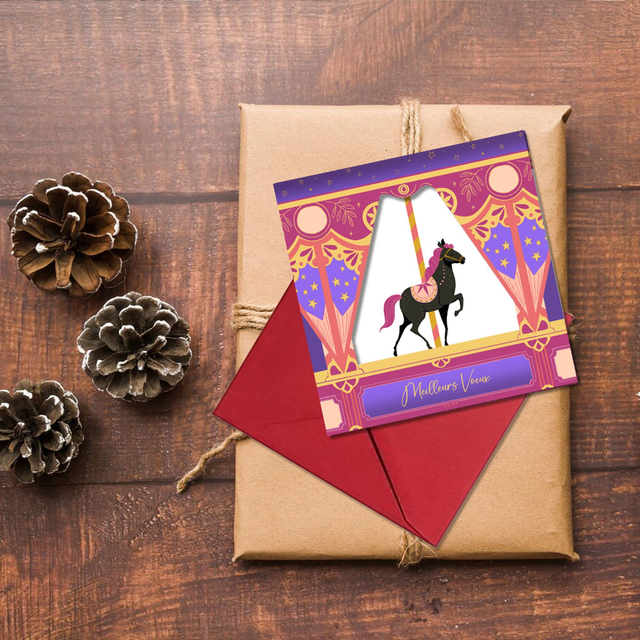 Carte de Voeux "Cheval Noir" avec enveloppe rouge 