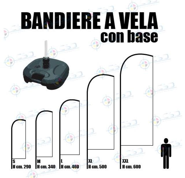 Bandiera a vela pronta in sei giorni: stampa quadricromia, con base riempibile ad acqua (prezzo con IVA)