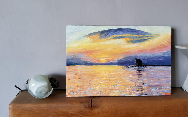 Sunset over Saltwick Bays fin shaped rock outcrop. Original oil on wood canvas. 