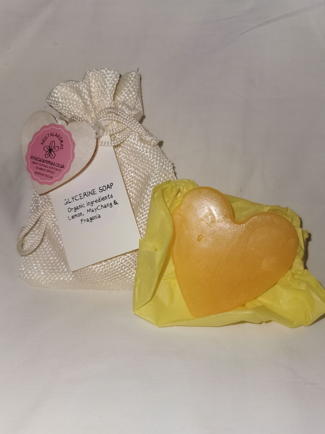 Glycerine Soap Heart Shaped (organic ingredients- Lemon, MayChang &amp; Fragonia). 30-40g approx