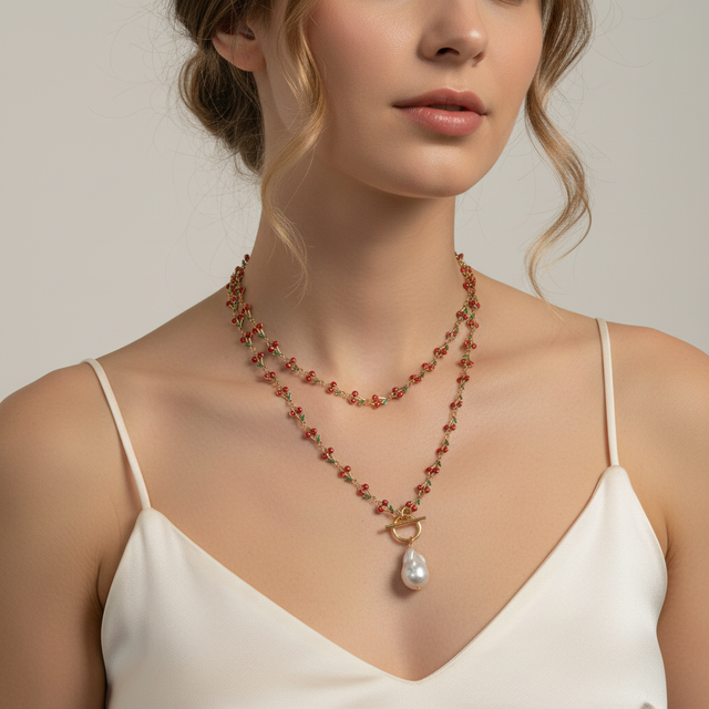 Cherry love , catena in acciaio chirurgico , con ciliegine smaltate, e perla a pendente. Chiusura in Argento 925 placcato oro 24k