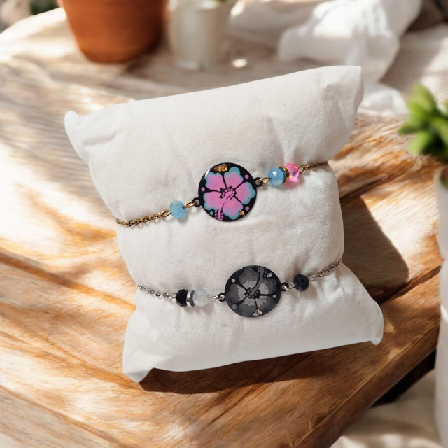 Bracelet dessiné Flora acier inoxydable noir et gris