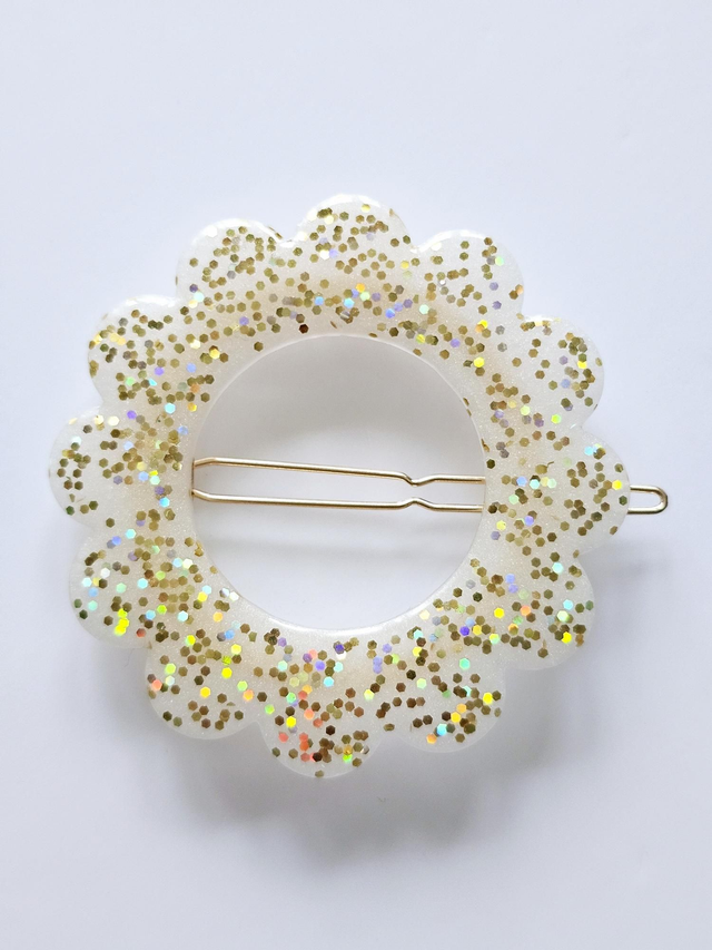 BARRETTE FLEUR BLANC CONFETTIS DORES
