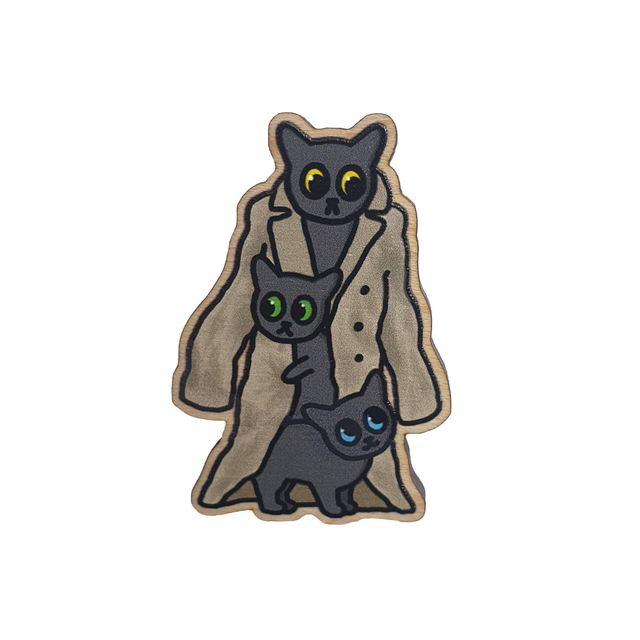 Three Cats In A Trench Coat Wooden Pin Badge 