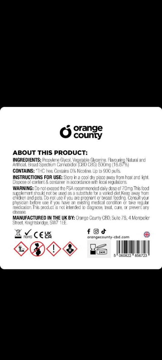 Orange County CBD 3ml Disposable Vape Pen 250 CBD + 250mg CBG Mango Ice