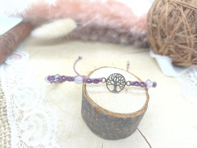 Bracelet fin rose violine bijou arbre de vie argent et perles quartz rose 