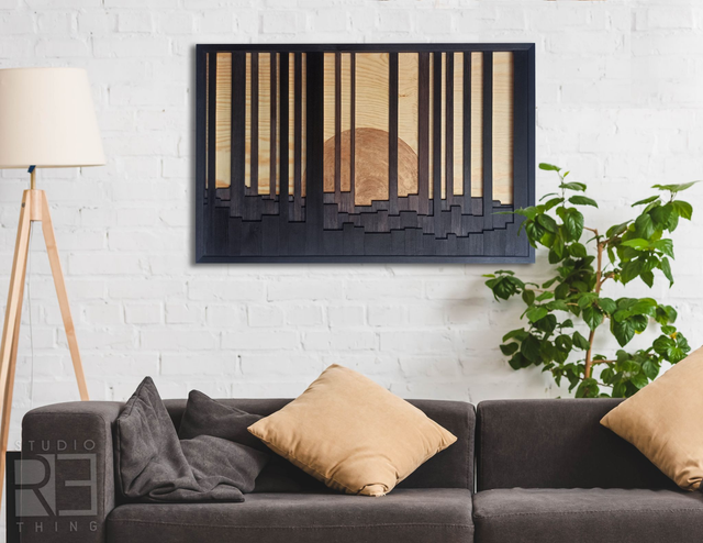 Z archiwum „Złoty Zmierzch” – Drewniana Dekoracja Ścienna z Motywem Lasu i Słońca