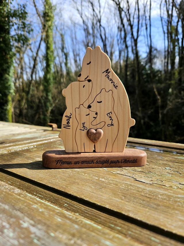 Famille Oursons (1 adulte + enfants) sculptés en puzzle dans du bois massif