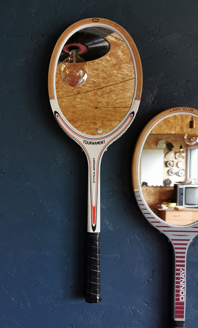 Miroir mural bois presse raquette tennis vintage "Tournament"