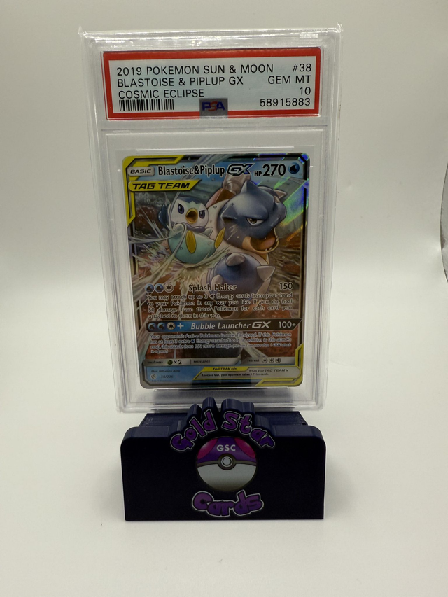 PSA 10 Blastoise &amp; Piplup GX Tag Team Holo Card 38/236 Cosmic Eclipse