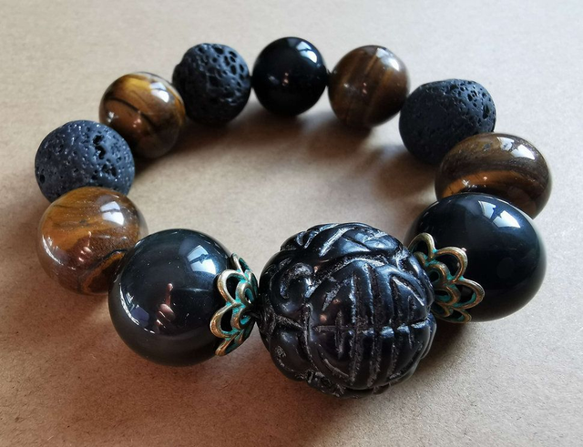 Bracelet en Obsidienne XXL (dont pierre sculptée) Oeil de tigre et Pierre de lave - 18/24mm