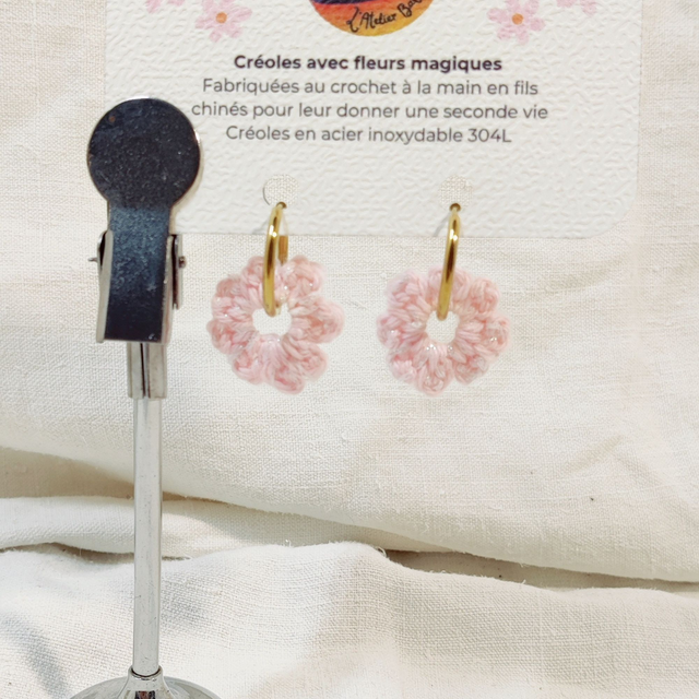 Créoles dorées pampillettes roses paillettes