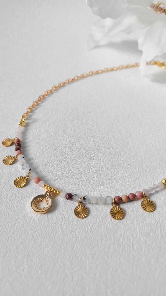 Collier Quartz Rose, Rhodonite, Pierre de Lune - Tendresse & Amour