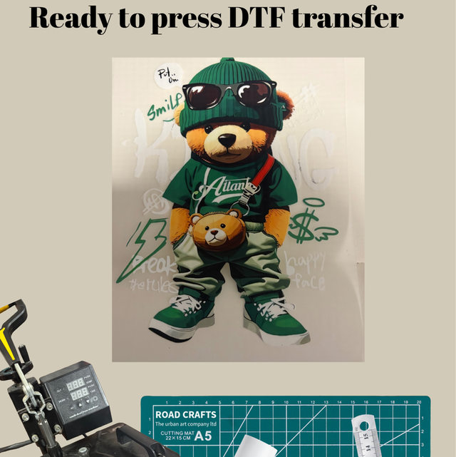 Green outfit, teddy bear DTF print