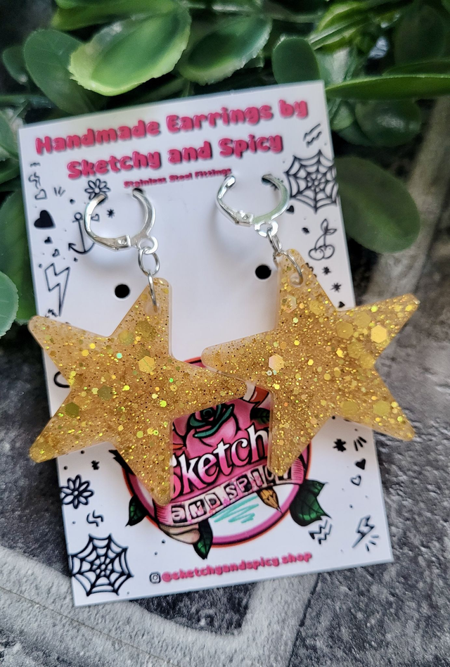 Earrings | Gold Glitter Stars | Stainless Steel Hoops
