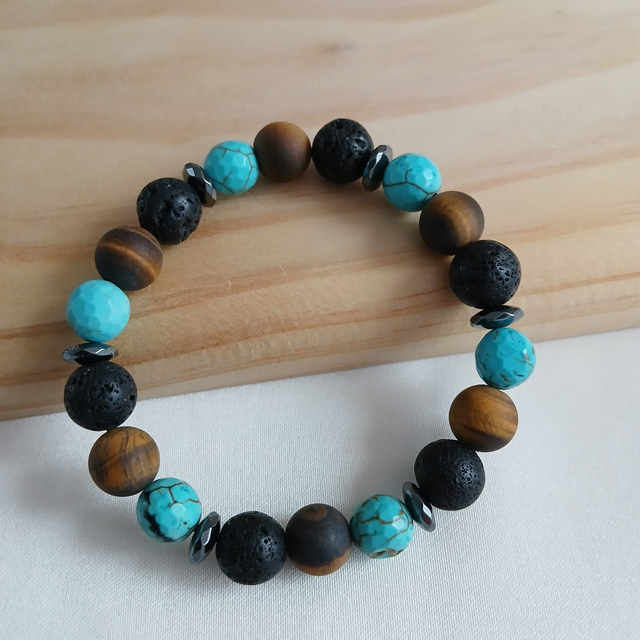 Heren armband met Tijgeroog (mat), Turkoois, Lavasteen en Hematiet (2.067)