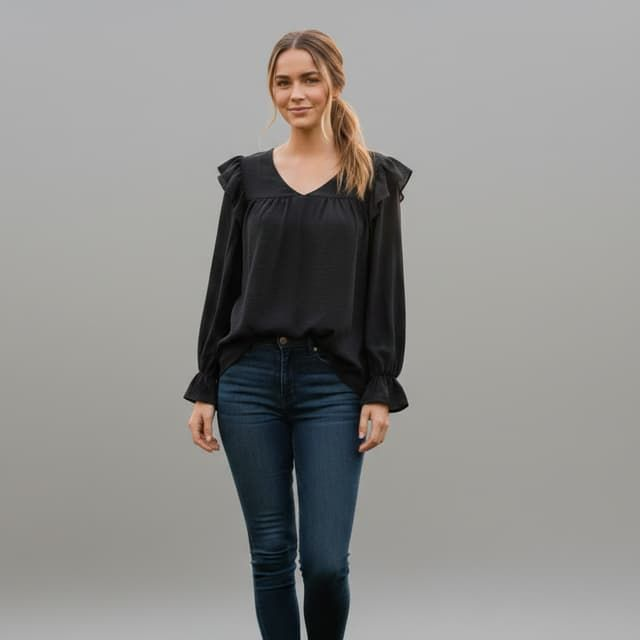 Blouse Noire à Volants et Col V - Taille Unique - New Collection