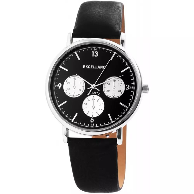 Montre Excellanc homme fond noir chiffres bâtons, trois petit cadran factice avec bracelet en cuir noir 