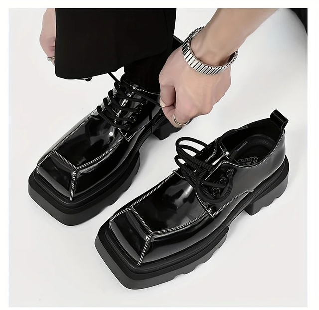 Men's Black British Style Square Toe Platform Derby Shoes