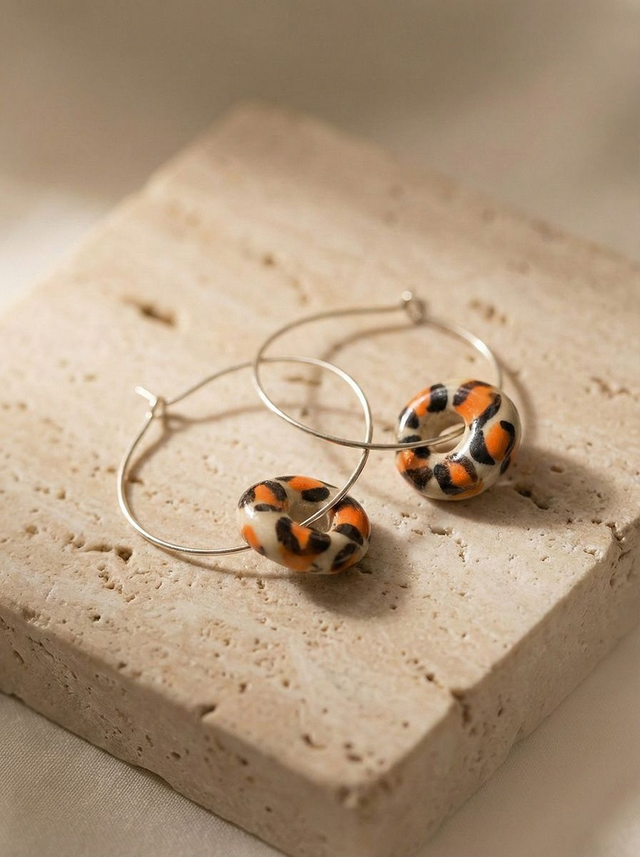 Animal Print Loop Ceramic Earrings - Bright Orange