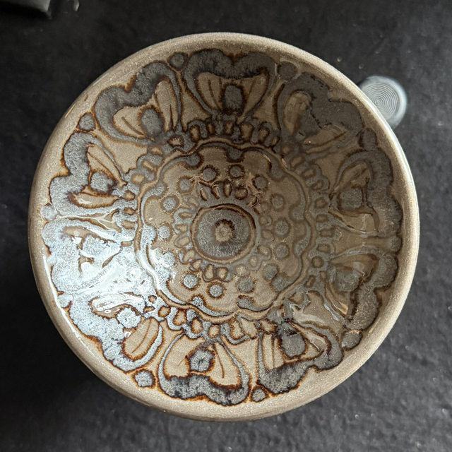 Ceramic Aroma Lamp, Essential Oil Burner Mandala Design, Handcrafted Stoneware, metallic gold dark black