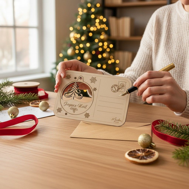 Carte postale avec boule de Noël en bois, gravée et personnalisée - décoration de sapin, déco Sapin