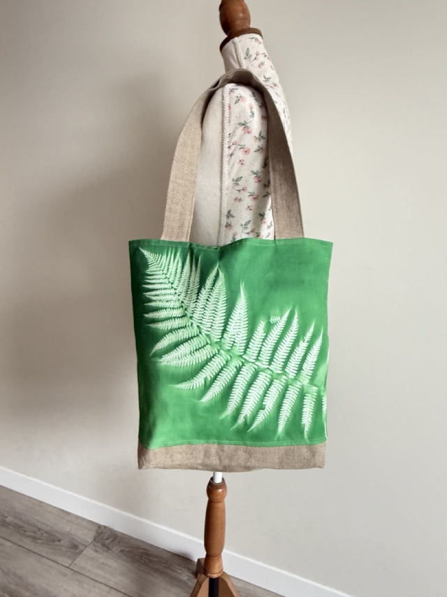 Sac cabas feuille de fougère - impressions botanique artisanales - pièce unique